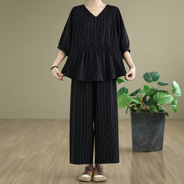 Buddha Stones ストライプ柄半袖シャツ ポリエステル 7丈ハーレムパンツ 2枚セット ポケット付き - image 12