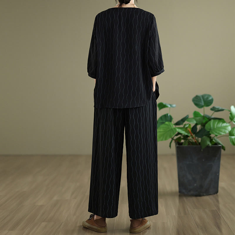 Buddha Stones ストライプ柄半袖シャツ ポリエステル 7丈ハーレムパンツ 2枚セット ポケット付き - image 16