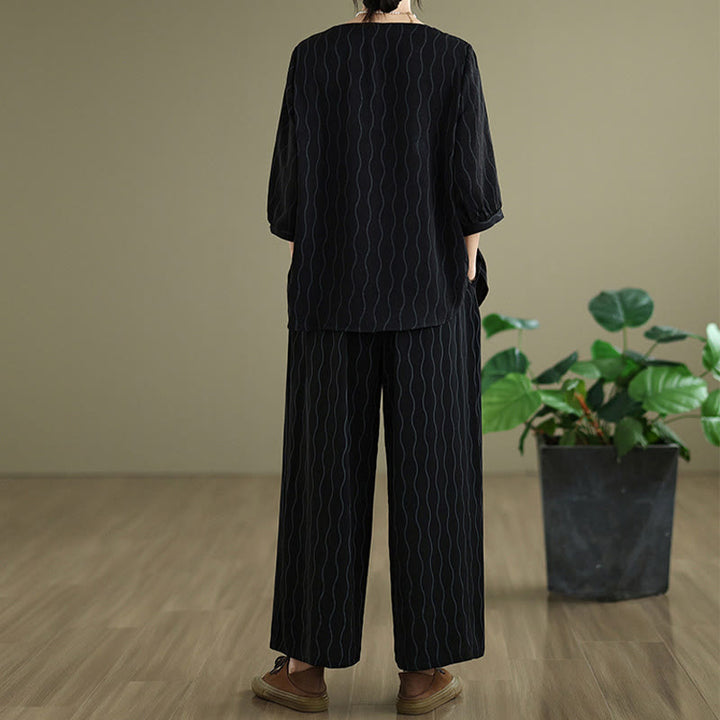 Buddha Stones ストライプ柄半袖シャツ ポリエステル 7丈ハーレムパンツ 2枚セット ポケット付き - image 16