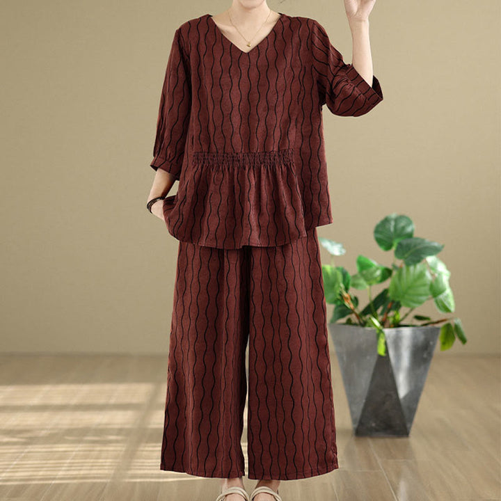 Buddha Stones ストライプ柄半袖シャツ ポリエステル 7丈ハーレムパンツ 2枚セット ポケット付き - image 23