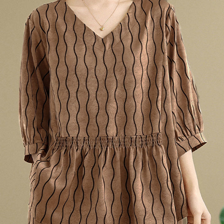 Buddha Stones ストライプ柄半袖シャツ ポリエステル 7丈ハーレムパンツ 2枚セット ポケット付き - image 4