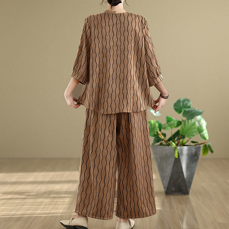 Buddha Stones ストライプ柄半袖シャツ ポリエステル 7丈ハーレムパンツ 2枚セット ポケット付き - image 3