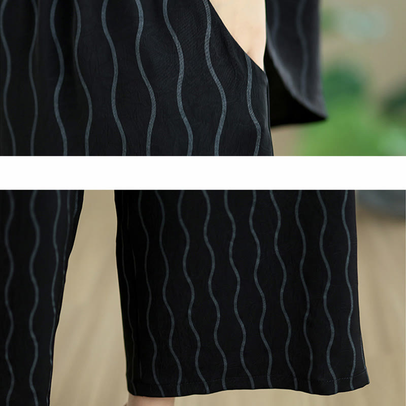 Buddha Stones ストライプ柄半袖シャツ ポリエステル 7丈ハーレムパンツ 2枚セット ポケット付き - image 18