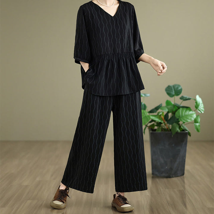 Buddha Stones ストライプ柄半袖シャツ ポリエステル 7丈ハーレムパンツ 2枚セット ポケット付き - 黒 - US12、 UK/AU16、 EU44 (3XL) - image 10