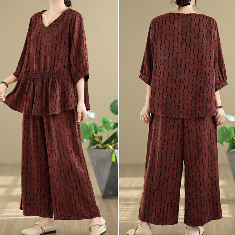 Buddha Stones ストライプ柄半袖シャツ ポリエステル 7丈ハーレムパンツ 2枚セット ポケット付き - image 27