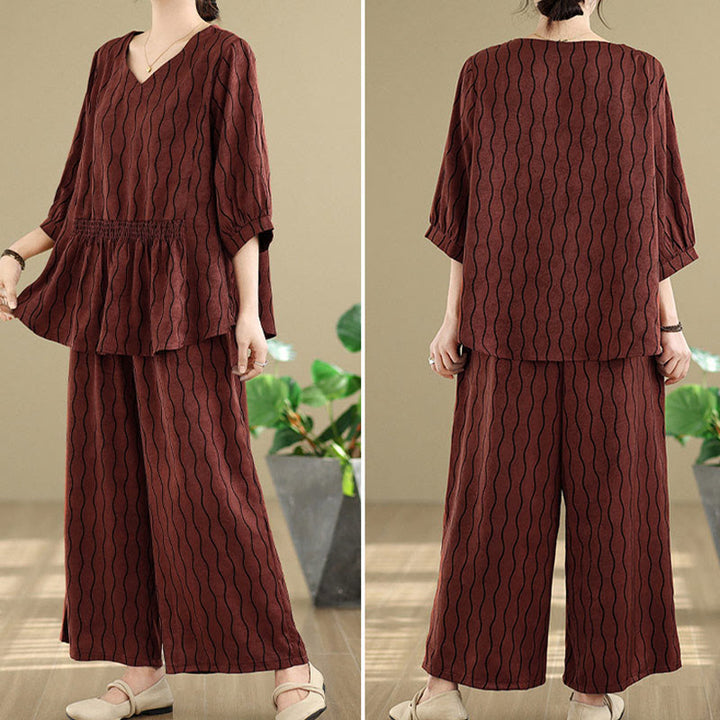 Buddha Stones ストライプ柄半袖シャツ ポリエステル 7丈ハーレムパンツ 2枚セット ポケット付き - image 27