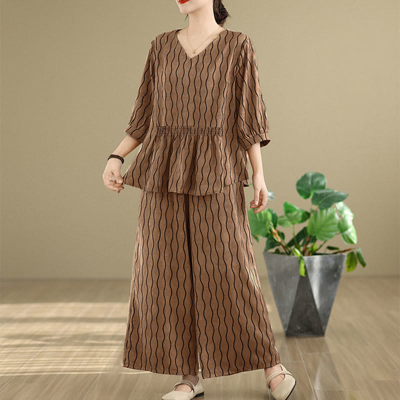 Buddha Stones ストライプ柄半袖シャツ ポリエステル 7丈ハーレムパンツ 2枚セット ポケット付き - image 1