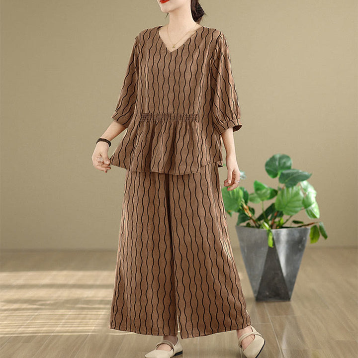 Buddha Stones ストライプ柄半袖シャツ ポリエステル 7丈ハーレムパンツ 2枚セット ポケット付き - image 1