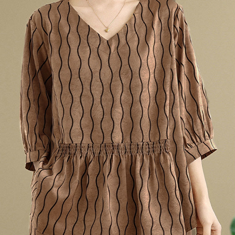 Buddha Stones ストライプ柄半袖シャツ ポリエステル 7丈ハーレムパンツ 2枚セット ポケット付き - image 4