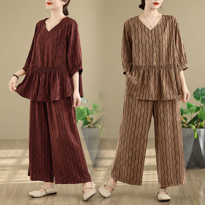 Buddha Stones ストライプ柄半袖シャツ ポリエステル 7丈ハーレムパンツ 2枚セット ポケット付き - image 28