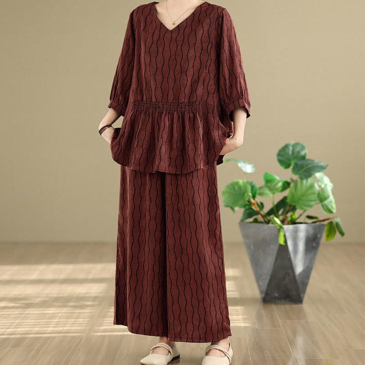 Buddha Stones ストライプ柄半袖シャツ ポリエステル 7丈ハーレムパンツ 2枚セット ポケット付き - image 24