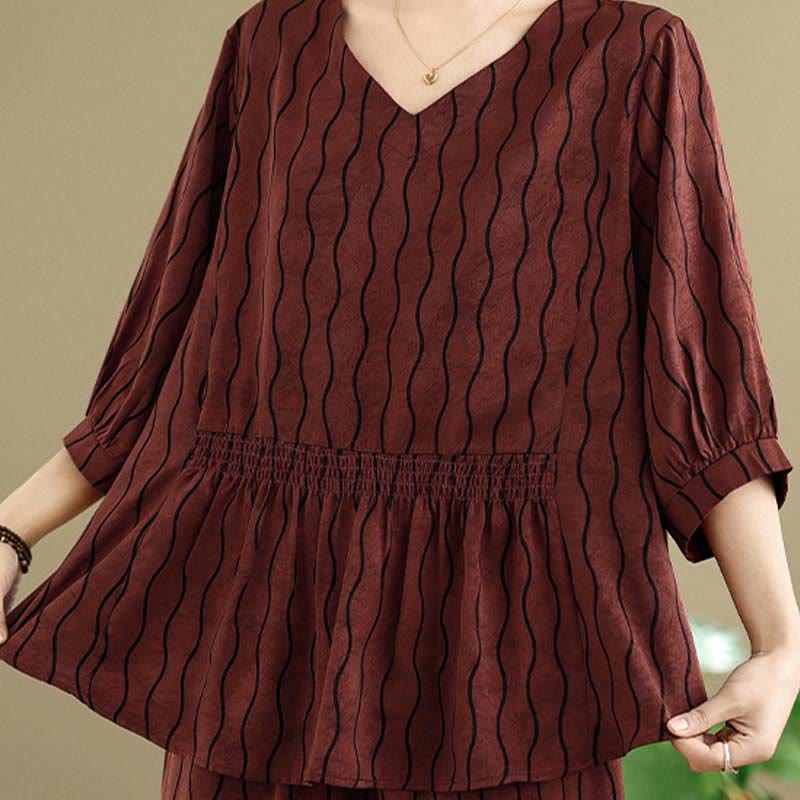 Buddha Stones ストライプ柄半袖シャツ ポリエステル 7丈ハーレムパンツ 2枚セット ポケット付き - image 26