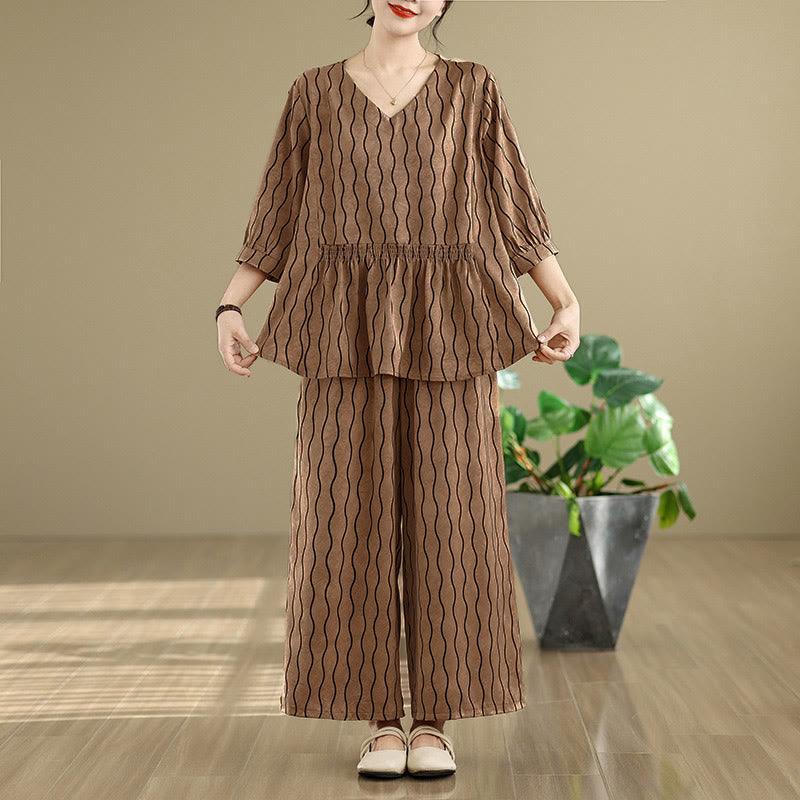 Buddha Stones ストライプ柄半袖シャツ ポリエステル 7丈ハーレムパンツ 2枚セット ポケット付き - image 2