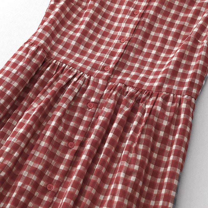 Buddha Stones ポケット付きチェック柄ノースリーブサマーミディド​​レス - image 3