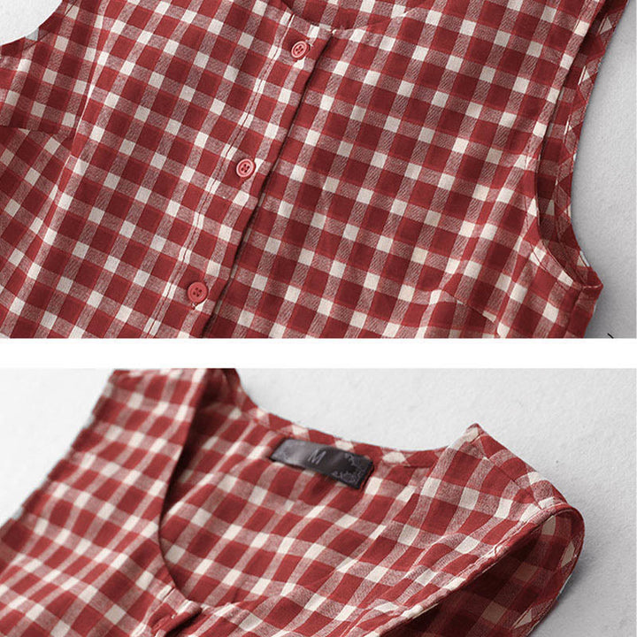 Buddha Stones ポケット付きチェック柄ノースリーブサマーミディド​​レス - image 10