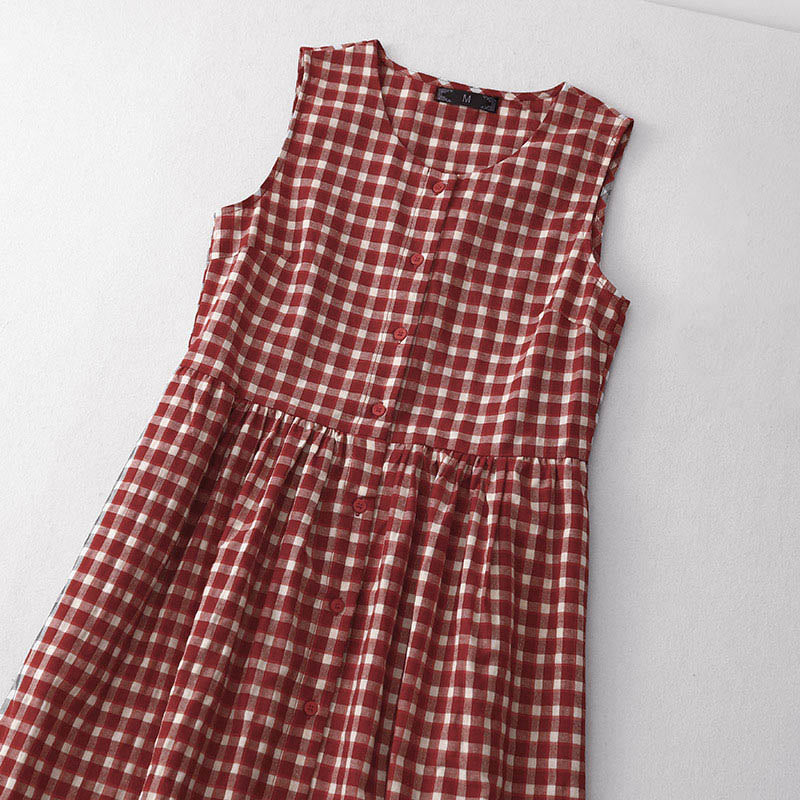 Buddha Stones ポケット付きチェック柄ノースリーブサマーミディド​​レス - image 2