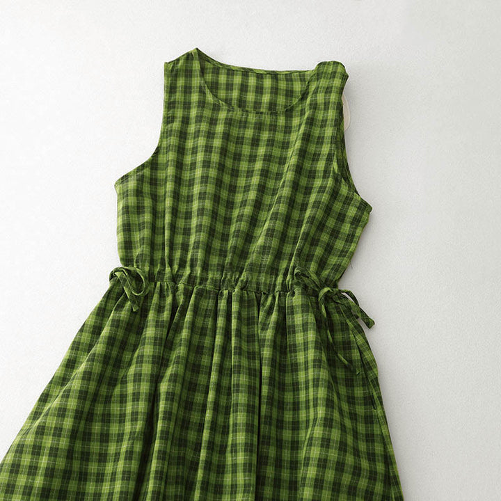 Buddha Stones ポケット付きノースリーブチェック柄サマーミディド​​レス - image 3