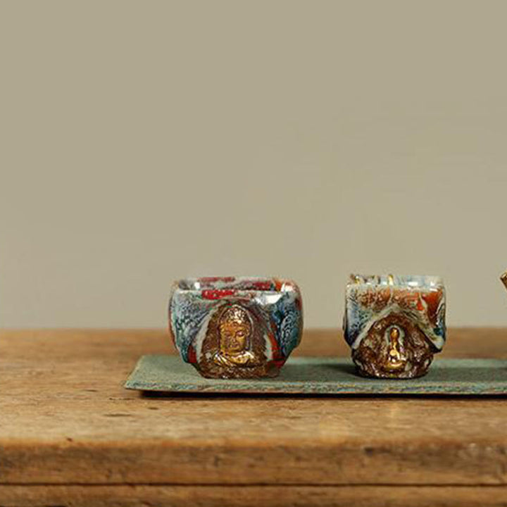 Buddha Stones 手描きの敦煌瞑想仏志野陶器ティーカップカンフーティーカップ - image 15