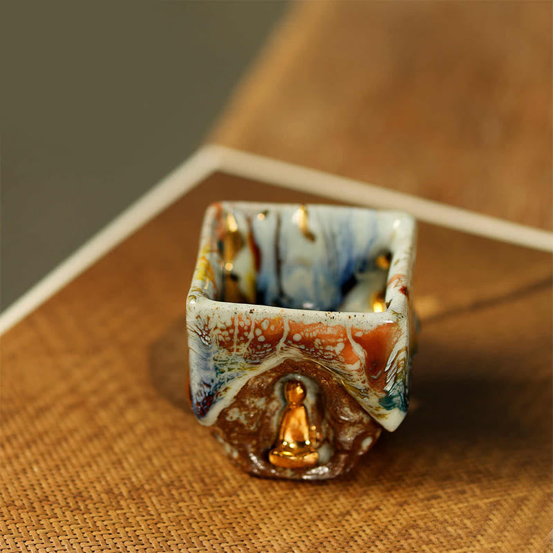 Buddha Stones 手描きの敦煌瞑想仏志野陶器ティーカップカンフーティーカップ - image 6