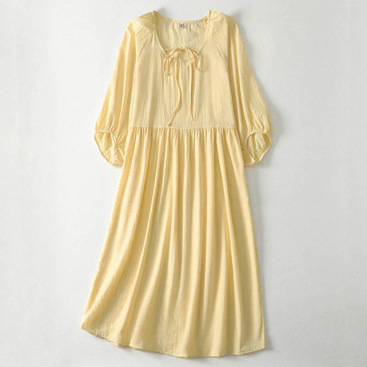 Buddha Stones 春の無地レースアップクルーネックデザイン七分袖レディースミディドレス - レモンシフォン - US12、 UK/AU16、 EU44 (2XL) - image 11