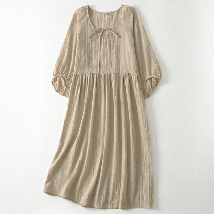 Buddha Stones 春の無地レースアップクルーネックデザイン七分袖レディースミディドレス - 小麦 - US12、 UK/AU16、 EU44 (2XL) - image 21