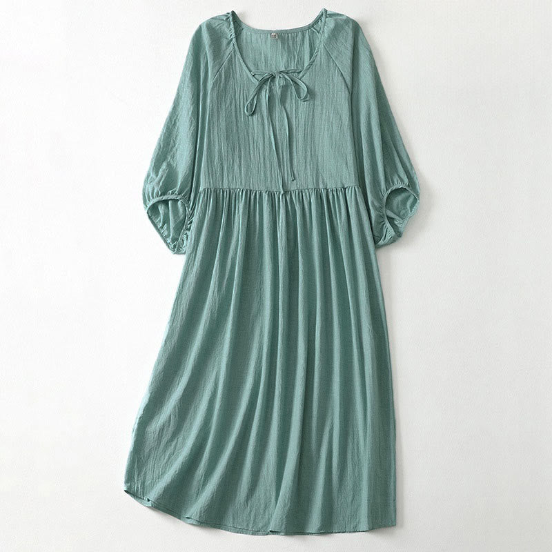 Buddha Stones 春の無地レースアップクルーネックデザイン七分袖レディースミディドレス - ミディアムアクアマリン - US12、 UK/AU16、 EU44 (2XL) - image 16