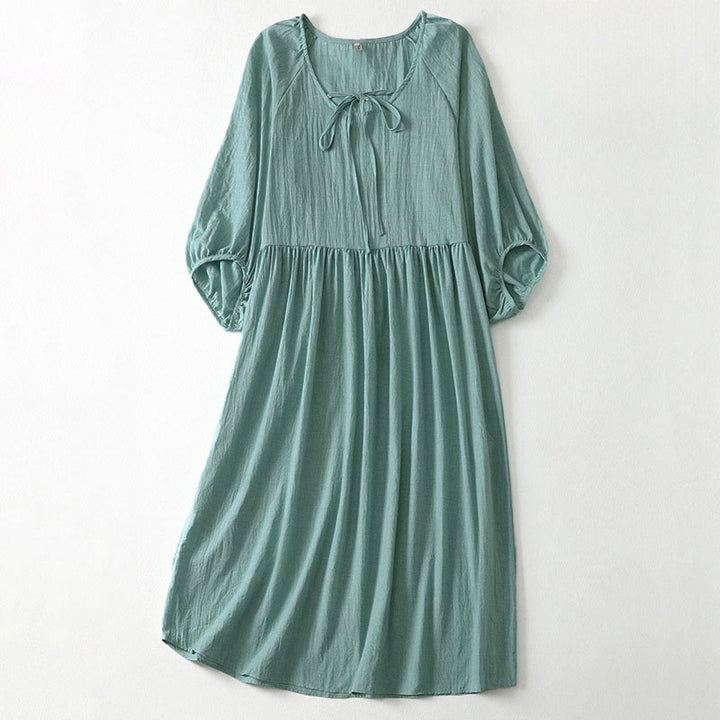 Buddha Stones 春の無地レースアップクルーネックデザイン七分袖レディースミディドレス - ミディアムアクアマリン - US12、 UK/AU16、 EU44 (2XL) - image 16