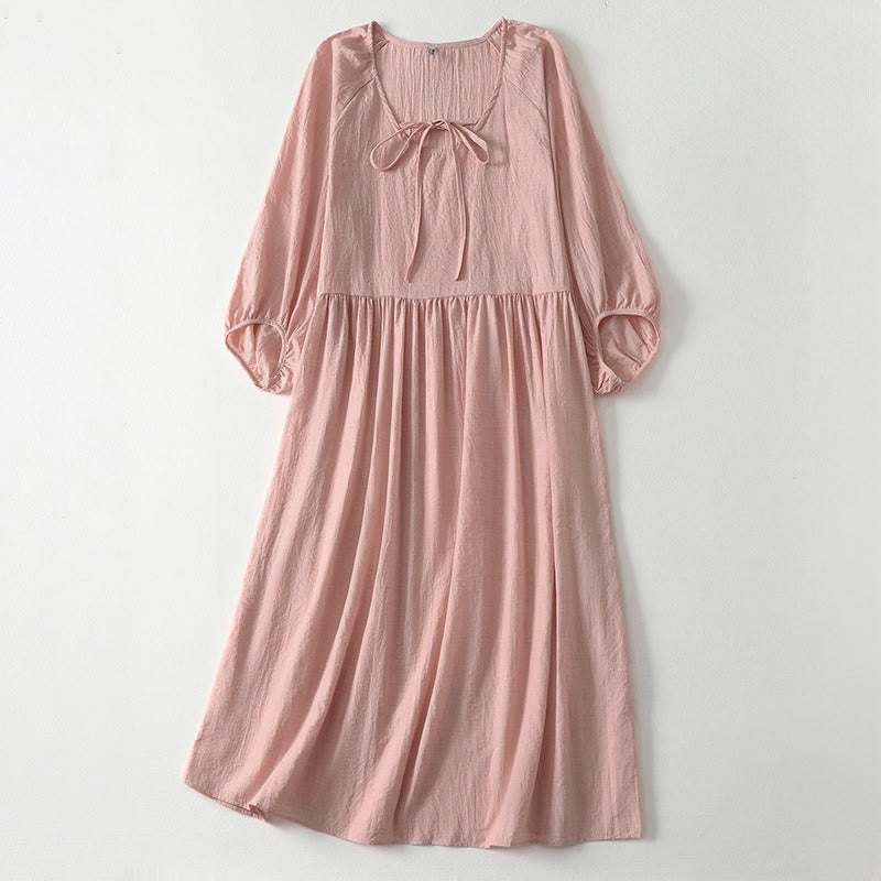 Buddha Stones 春の無地レースアップクルーネックデザイン七分袖レディースミディドレス - ライトピンク - US12、 UK/AU16、 EU44 (2XL) - image 0