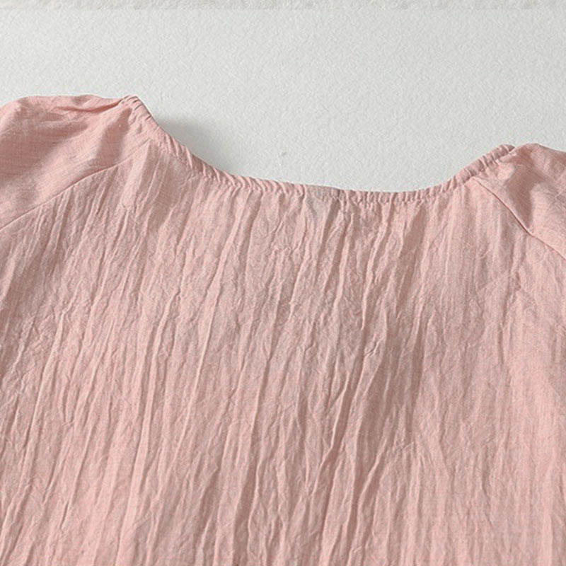 Buddha Stones 春の無地レースアップクルーネックデザイン七分袖レディースミディドレス - image 5