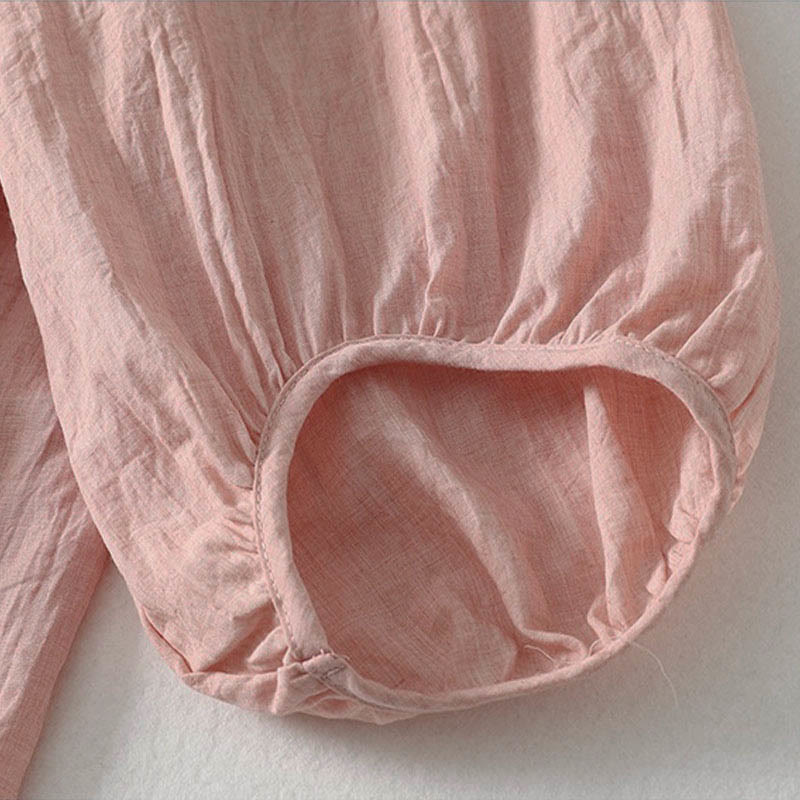 Buddha Stones 春の無地レースアップクルーネックデザイン七分袖レディースミディドレス - image 7