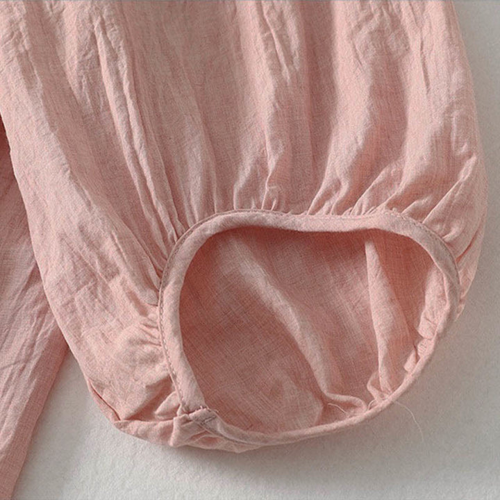 Buddha Stones 春の無地レースアップクルーネックデザイン七分袖レディースミディドレス - image 7