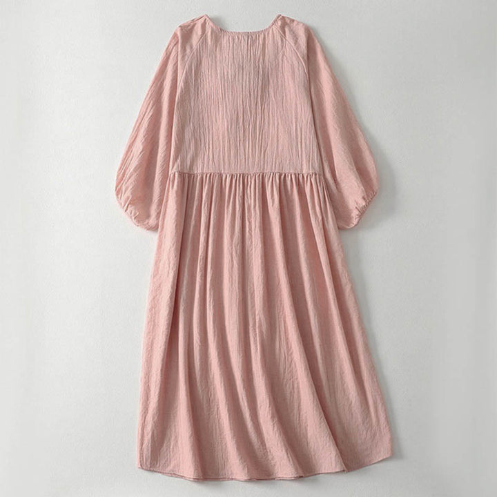 Buddha Stones 春の無地レースアップクルーネックデザイン七分袖レディースミディドレス - image 3