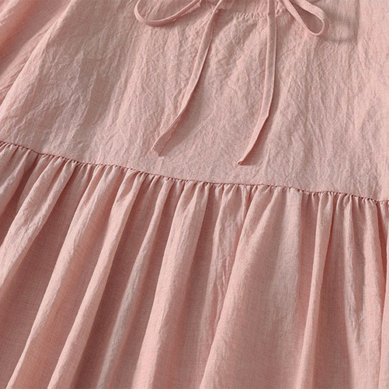 Buddha Stones 春の無地レースアップクルーネックデザイン七分袖レディースミディドレス - image 6