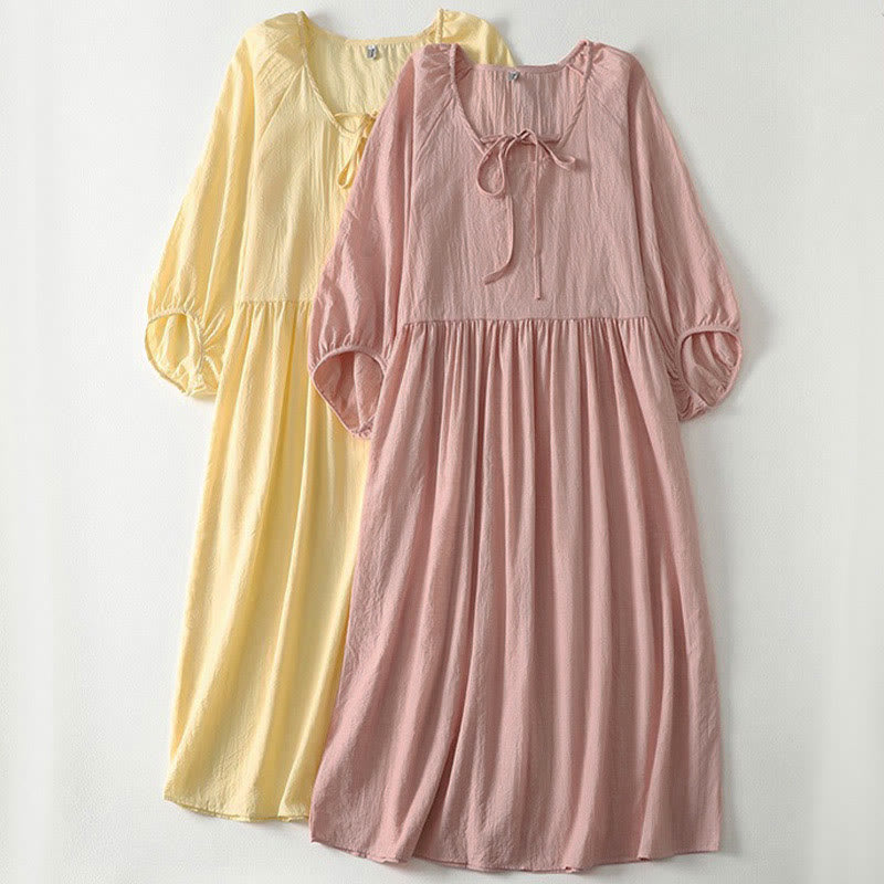 Buddha Stones 春の無地レースアップクルーネックデザイン七分袖レディースミディドレス - image 2