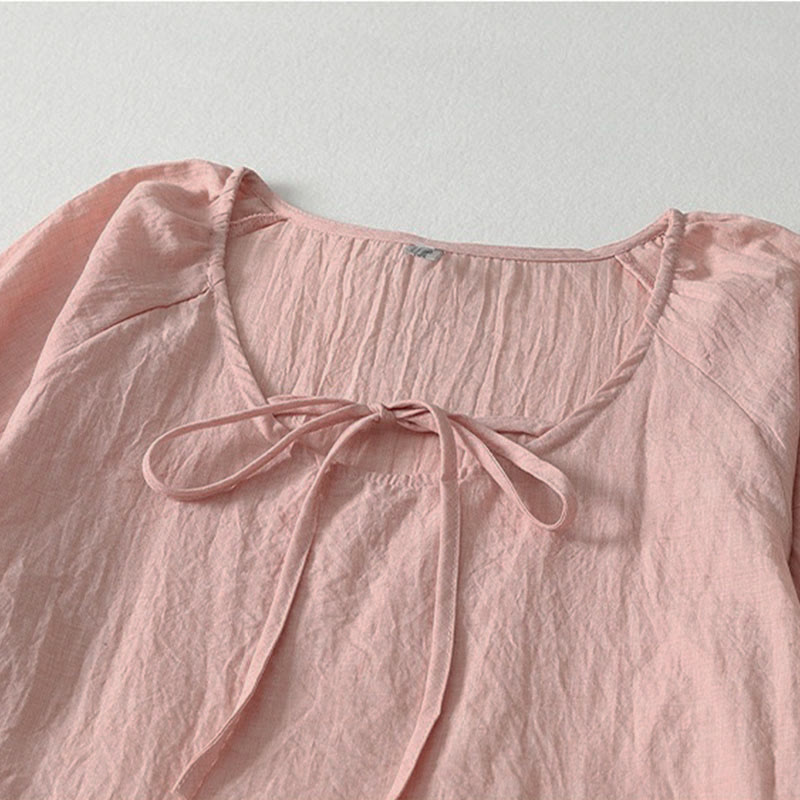 Buddha Stones 春の無地レースアップクルーネックデザイン七分袖レディースミディドレス - image 4