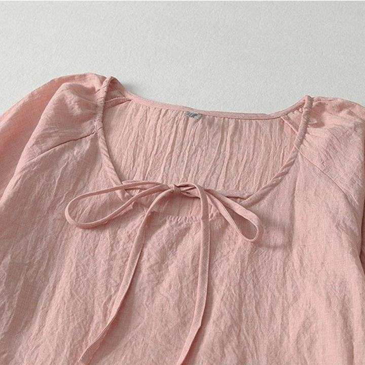 Buddha Stones 春の無地レースアップクルーネックデザイン七分袖レディースミディドレス - image 4