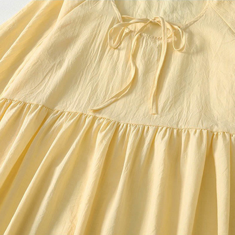 Buddha Stones 春の無地レースアップクルーネックデザイン七分袖レディースミディドレス - image 13