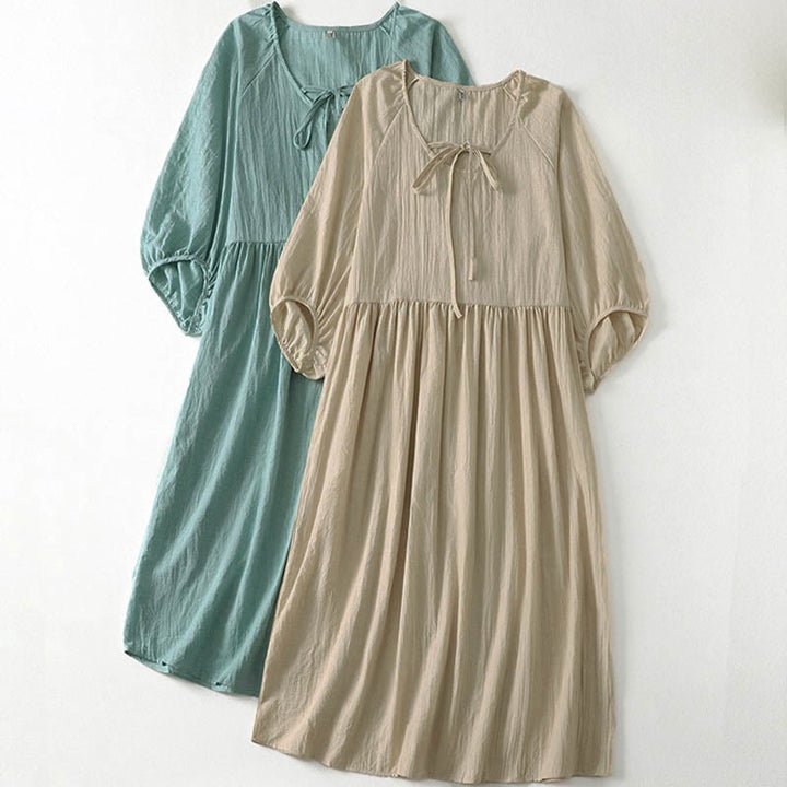 Buddha Stones 春の無地レースアップクルーネックデザイン七分袖レディースミディドレス - image 26