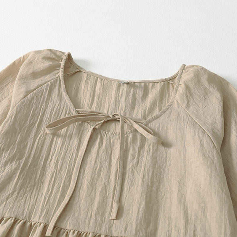 Buddha Stones 春の無地レースアップクルーネックデザイン七分袖レディースミディドレス - image 22