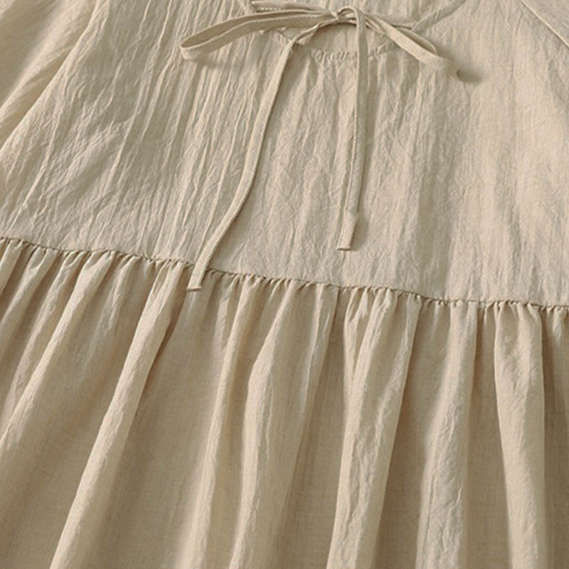 Buddha Stones 春の無地レースアップクルーネックデザイン七分袖レディースミディドレス - image 23