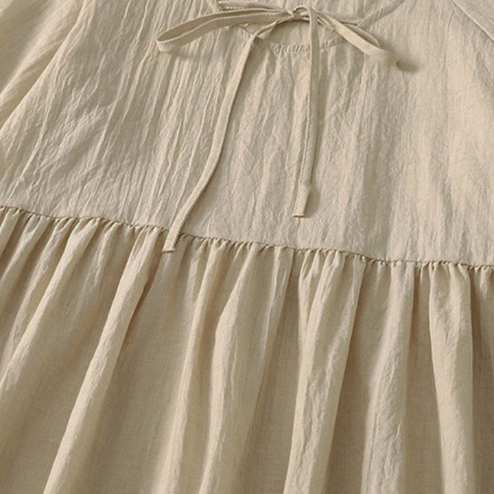 Buddha Stones 春の無地レースアップクルーネックデザイン七分袖レディースミディドレス - image 23