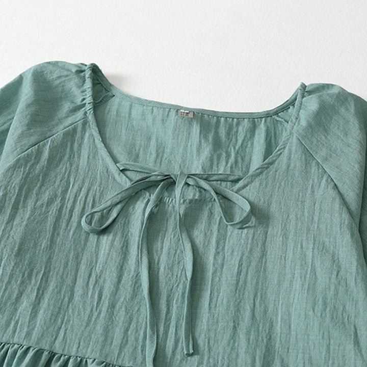 Buddha Stones 春の無地レースアップクルーネックデザイン七分袖レディースミディドレス - image 17