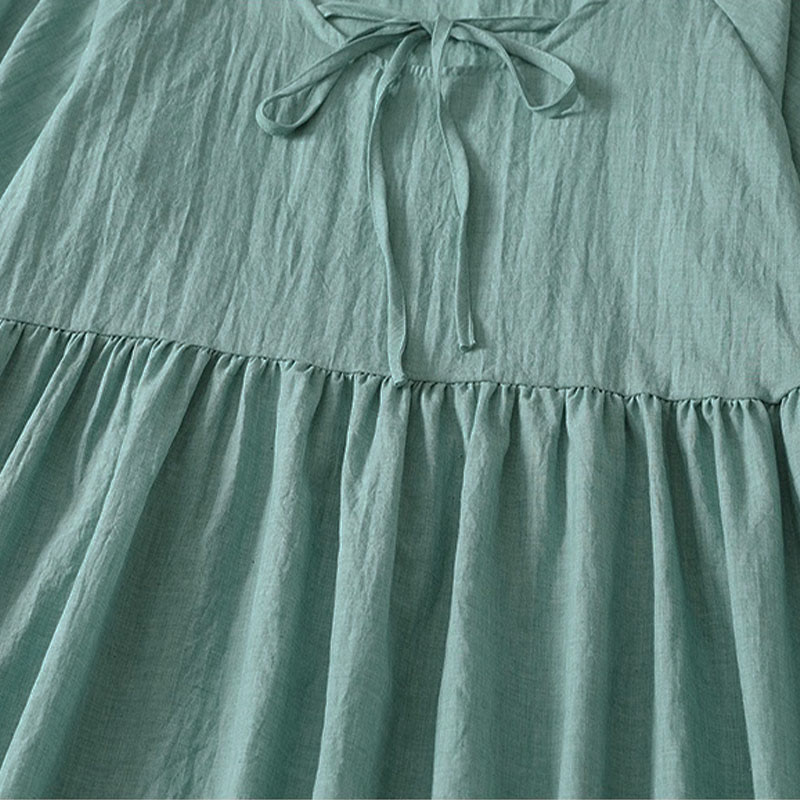 Buddha Stones 春の無地レースアップクルーネックデザイン七分袖レディースミディドレス - image 18