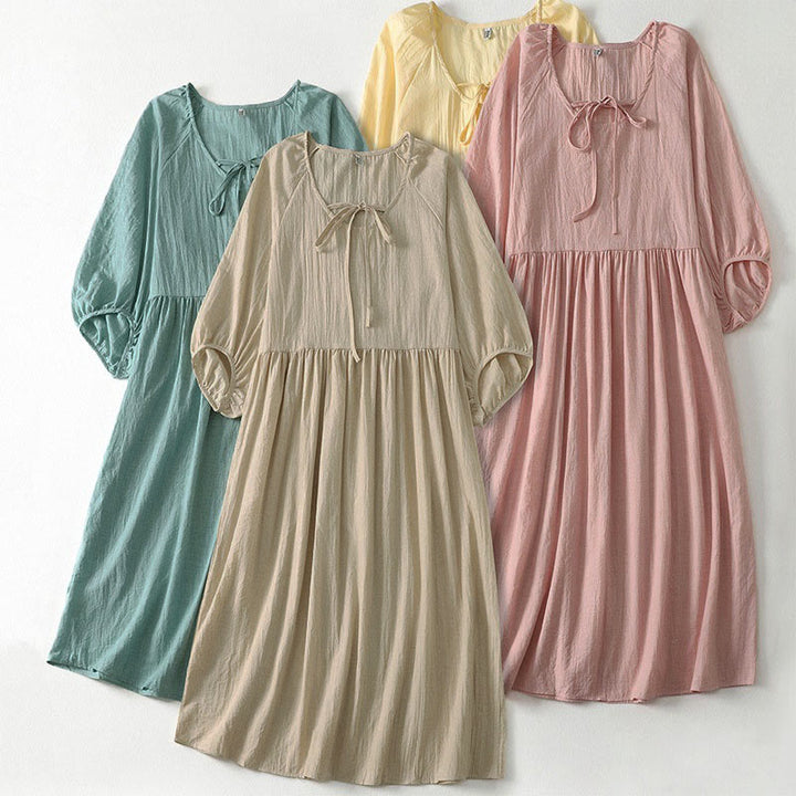 Buddha Stones 春の無地レースアップクルーネックデザイン七分袖レディースミディドレス - image 1