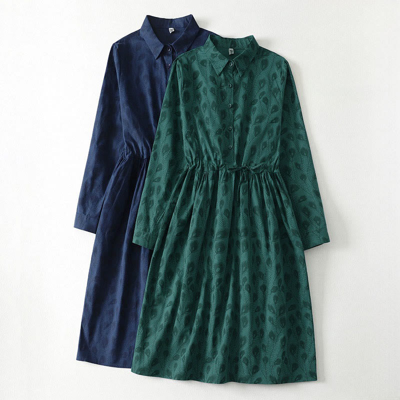 Buddha Stones 春の草のつる柄プリントボタンデザインロングスリーブミディドレス（ポケット付き） - image 1