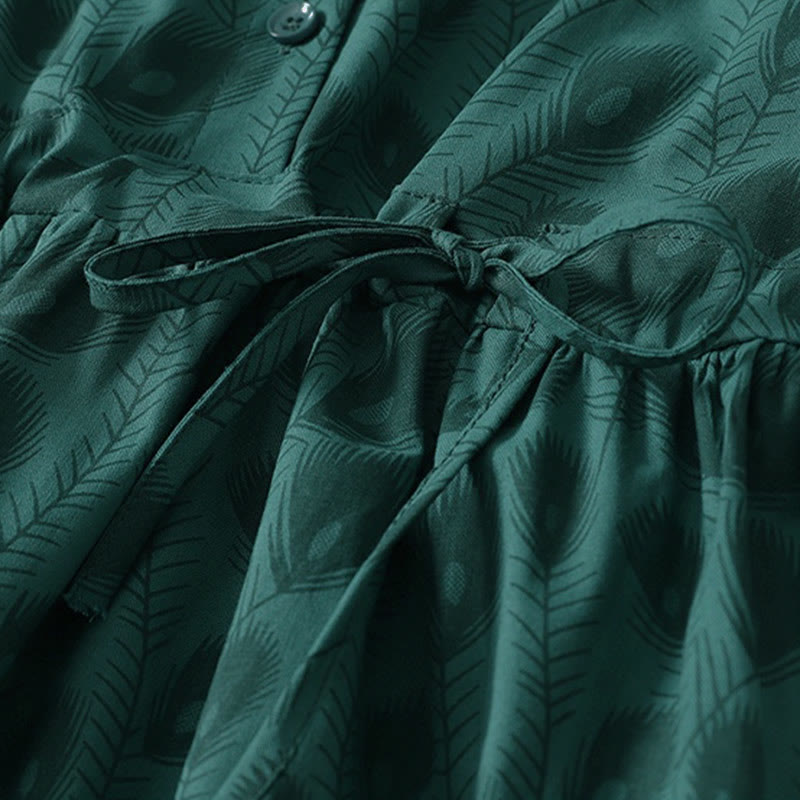 Buddha Stones 春の草のつる柄プリントボタンデザインロングスリーブミディドレス（ポケット付き） - image 7