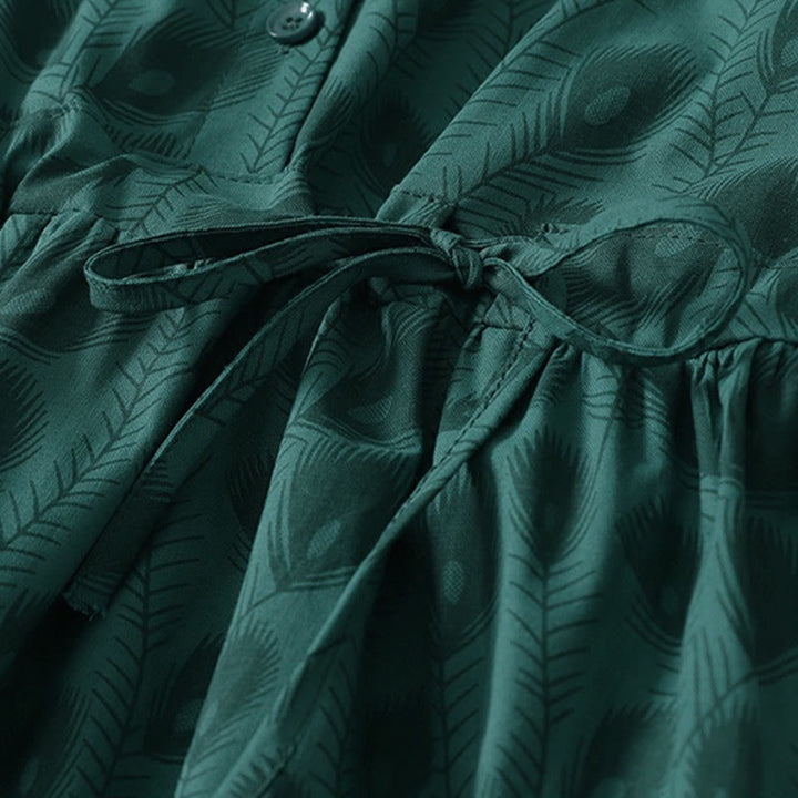 Buddha Stones 春の草のつる柄プリントボタンデザインロングスリーブミディドレス（ポケット付き） - image 7