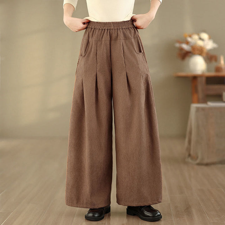 Buddha Stones 春のプレーンブラウンコーデュロイレディースワイドレッグパンツ（ポケット付き） - image 2