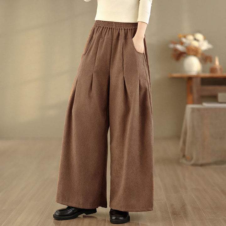 Buddha Stones 春のプレーンブラウンコーデュロイレディースワイドレッグパンツ（ポケット付き） - image 3