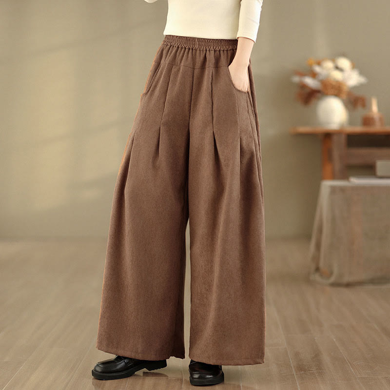 Buddha Stones 春のプレーンブラウンコーデュロイレディースワイドレッグパンツ（ポケット付き） - image 3